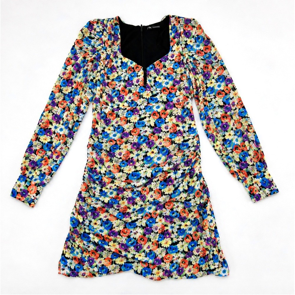 Zara Floral Ruched‎ Mini Dress Puff Sleeve Cottagecore Coquette Size S